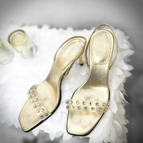 Zara shoes gold metallic kitten slingback heels  clear embellished vamp size 9 - Picture 9 of 11